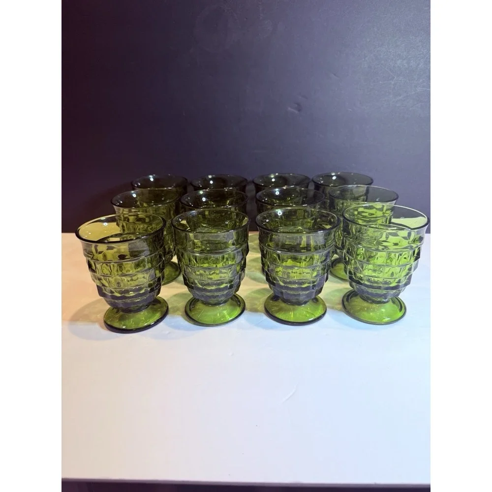 Vtg Indiana Glass Whitehall Cubist Olive Green Set of 12 Pedestal Water Goblets